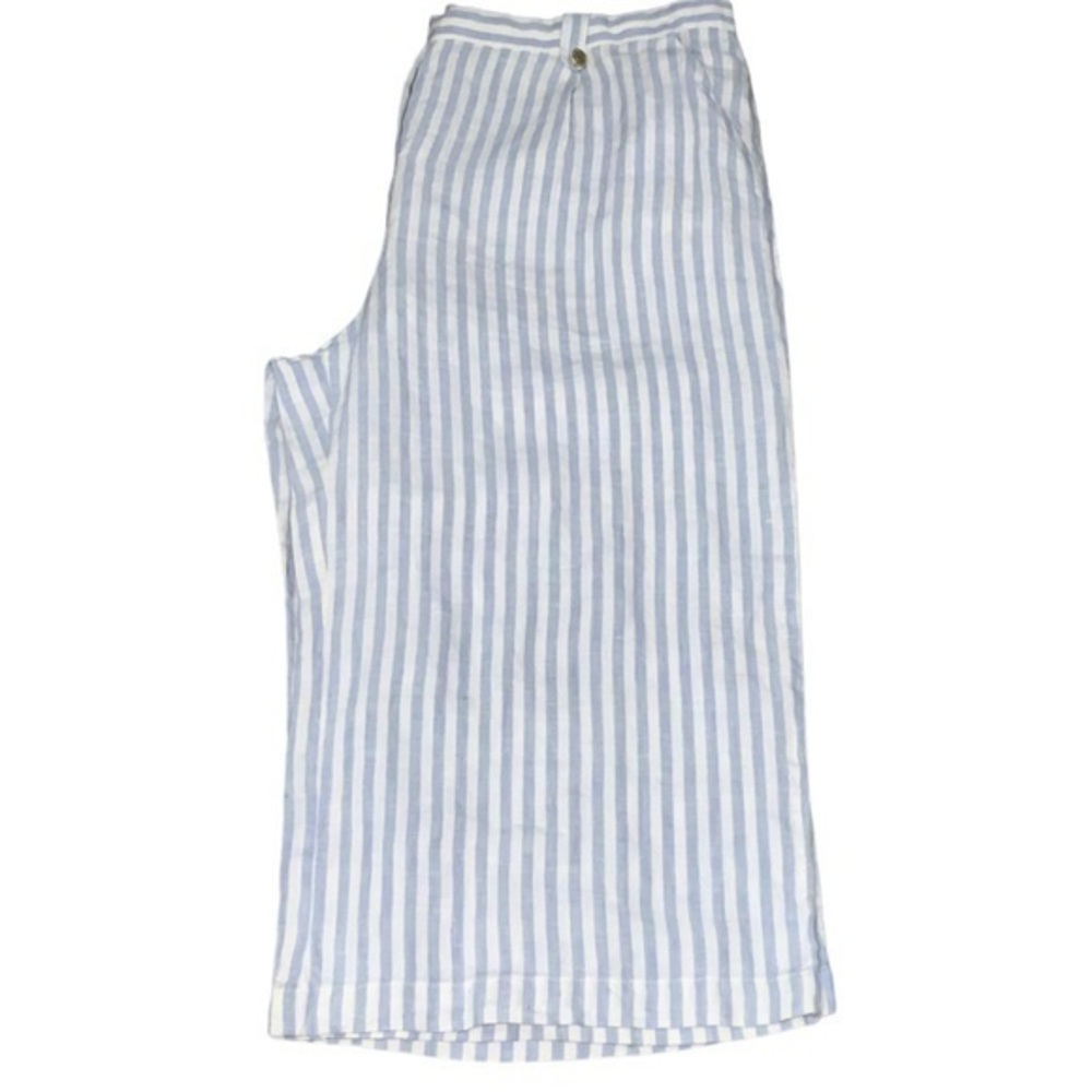 Ellen Tracy Blue~White Striped Linen Pull-On Culottes Wide Leg Pants Pockets L